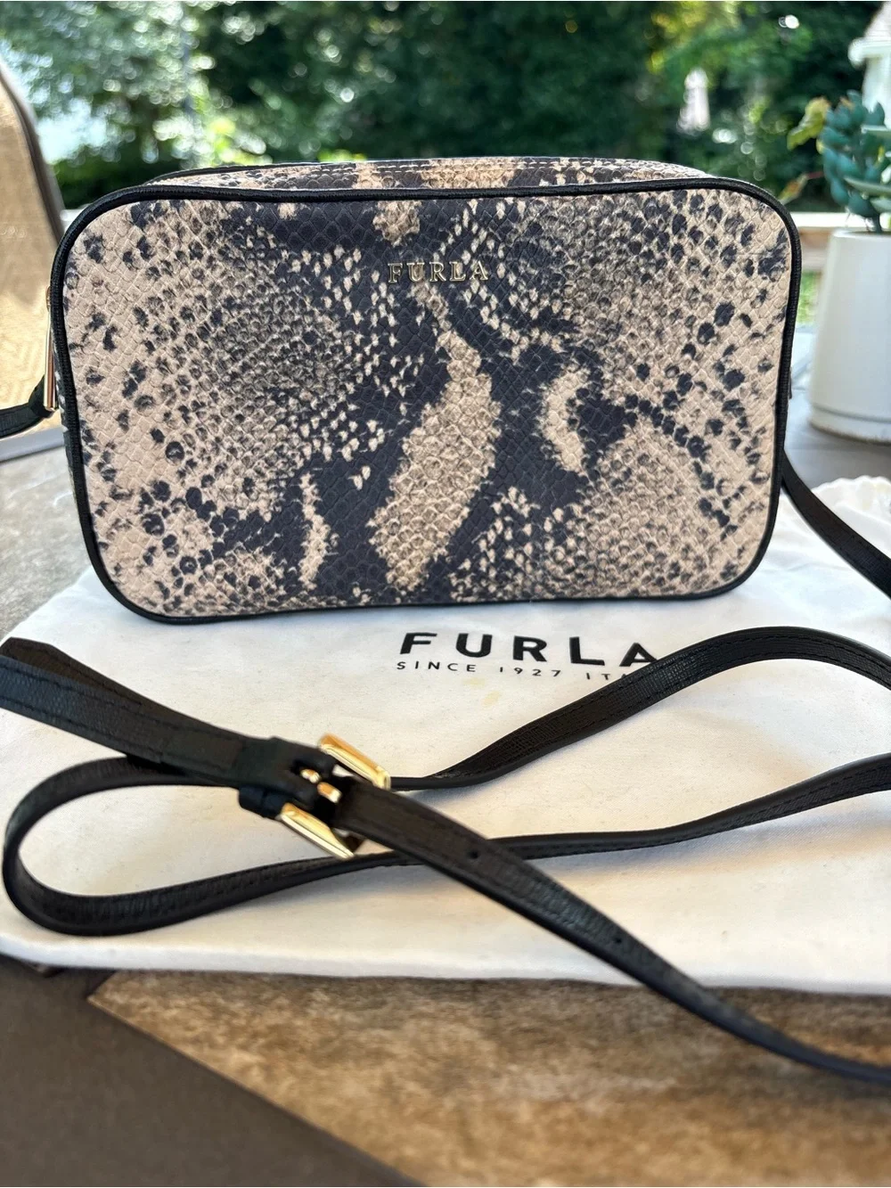 Furla Black & Beige Python-Print Crossbody Bag